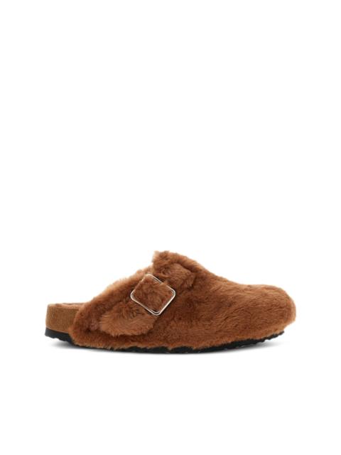 shearling buckle strap mules