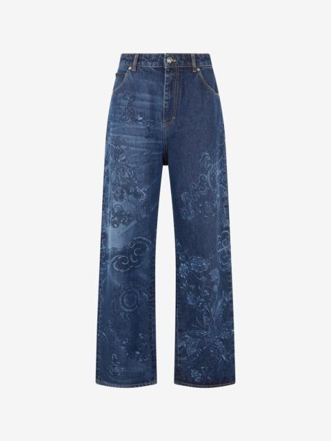 Jeans with Dragon and Floral Motif