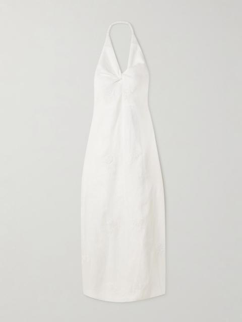 Alessandra twist-front embroidered linen halterneck midi dress White