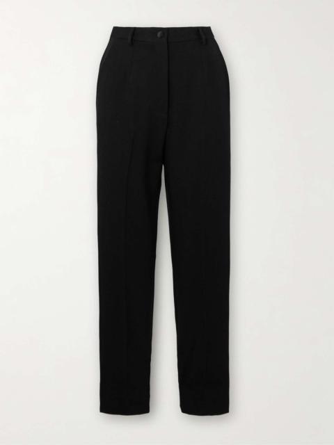 Cropped silk satin-trimmed wool-blend gabardine slim-leg pants
