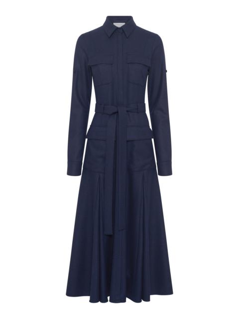 Meyer Pleated Maxi Shirtdress in Navy Wool Cashmere Flannel