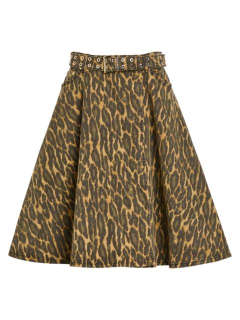 Ganni Belted Leopard-print Stretch-denim Midi Wrap Skirt