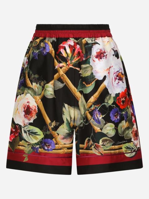 Twill pajama shorts with rose garden print