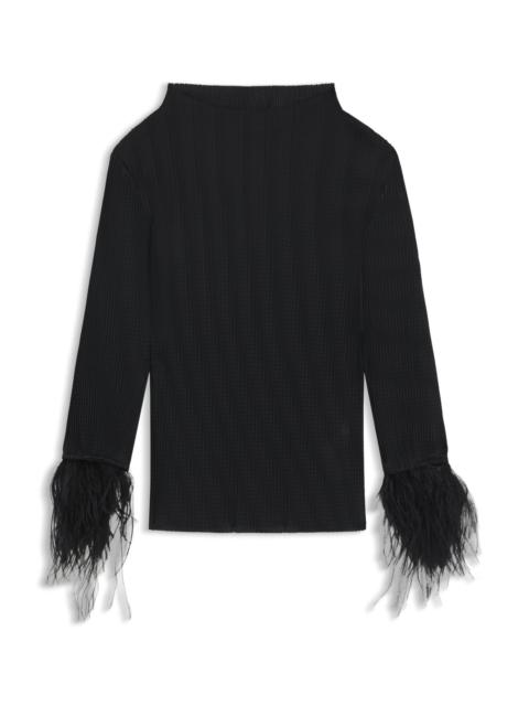 PLISSÉ JACQUARD TOP WITH DETACHABLE FEATHER CUFF TRIMS