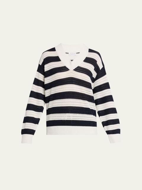Sparkling Striped Cotton Net Knit V-Neck Sweater