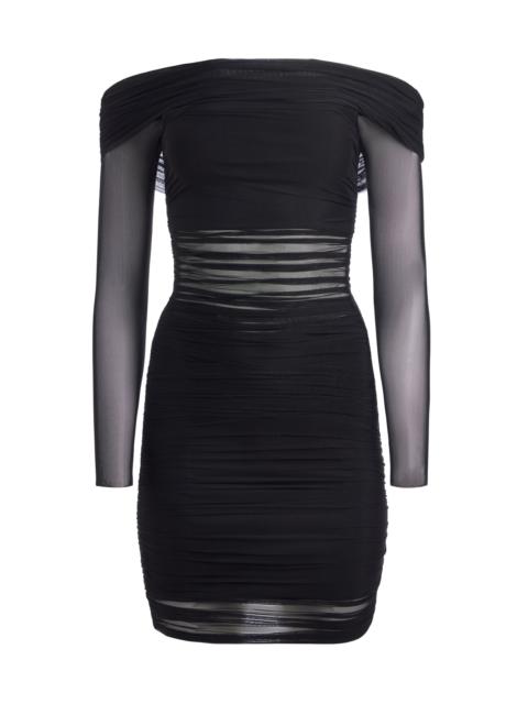 black mermaid midi dress Bardot Ruched Mesh Maxi Dress in Black main image 1