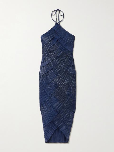Patrizia Asymmetric Layered Plissé-satin Midi Halterneck Dress
