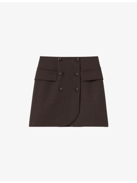 Button-Front Side-Pocket Wool-Blend Mini Skirt