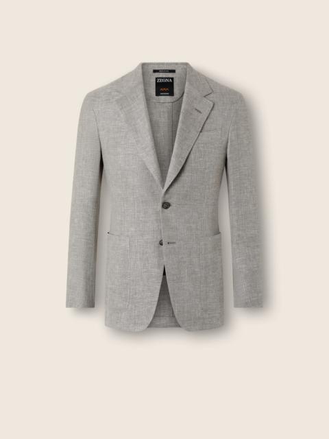 DARK TAUPE AND WHITE CROSSOVER LINEN WOOL AND SILK BLEND JACKET