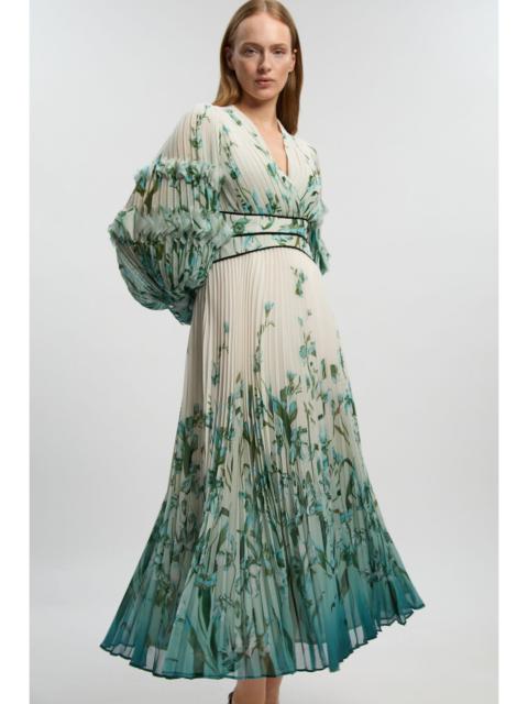 Ombre Floral Crinkle V Neck Georgette Draped Woven Maxi Dress