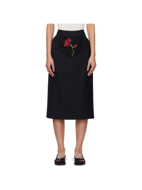 Black Embellished Flower Peek-A-Boo Midi Skirt
