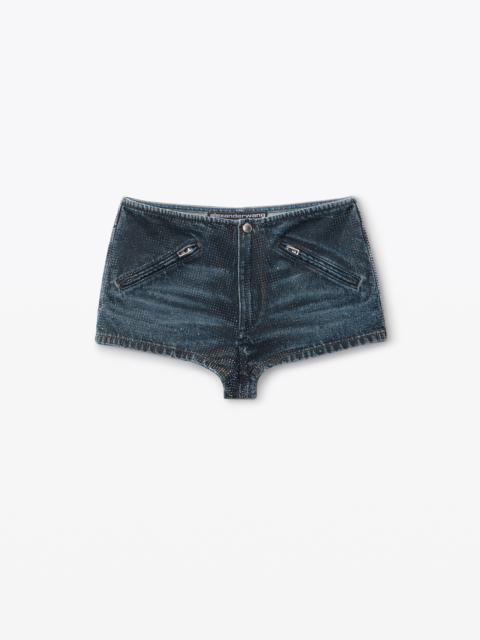clear crystal hotfix moto micro short in cotton denim