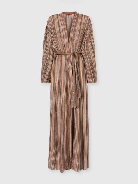 Ribbed Viscose Lamé Long Cardigan with Belt