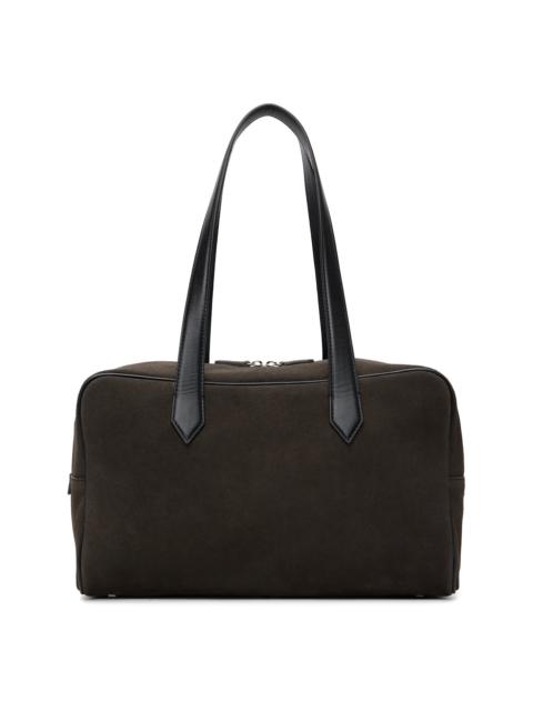 Brown Leather Trim Suede Square Valise Tote