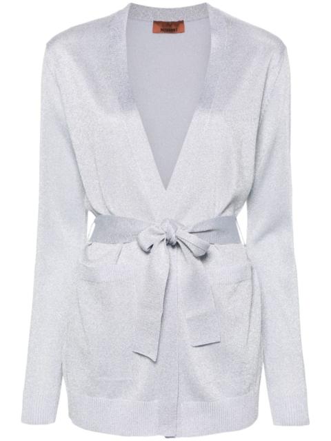 metallic-threading belted cardigan