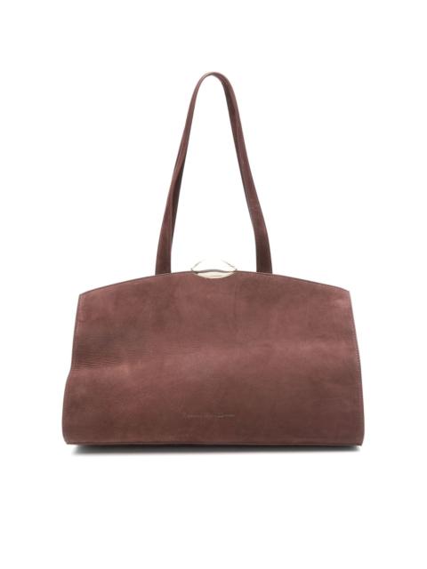 curved-top suede shoulder bag