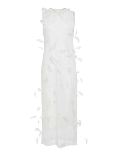 Feather-Embroidered Silk Midi Dress white