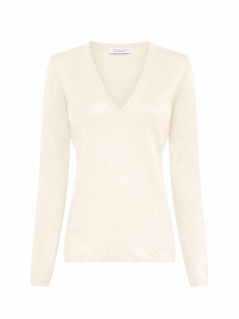 Clementia Knit V-Neck Sweater in Off White Cashmere Silk