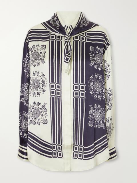 Banderra scarf-detailed printed silk-satin shirt Navy