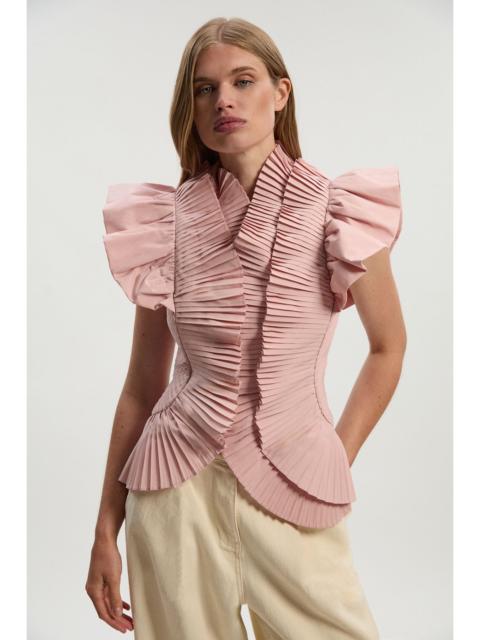 Petite Pleated Ruffle Sleeve Woven Top