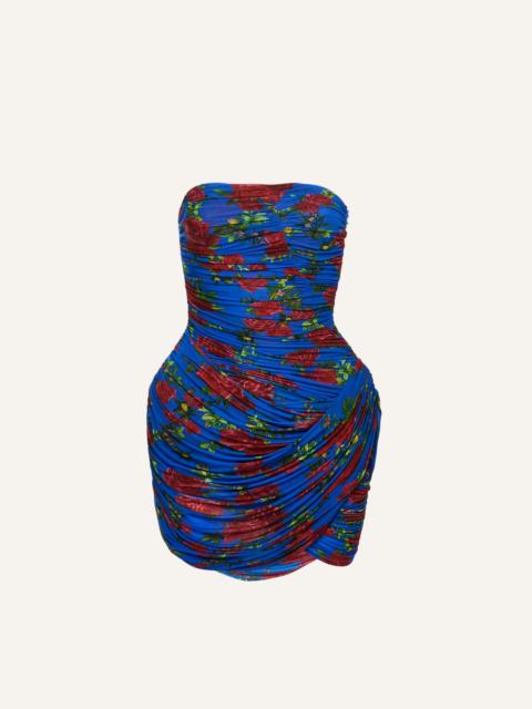 Strapless ruched floral mini dress in blue print