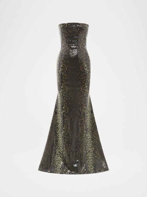 Strapless Leopard-Print Sequined Longline Trumpet Gown