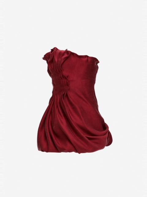 Asymmetric pleated silk bubble mini dress in red