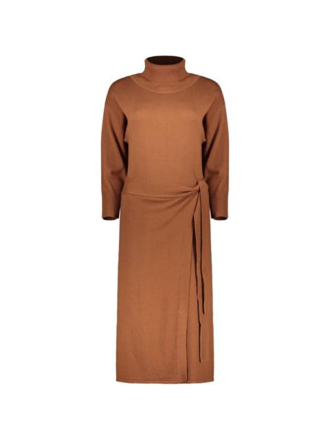 high-neck gathered midi dress