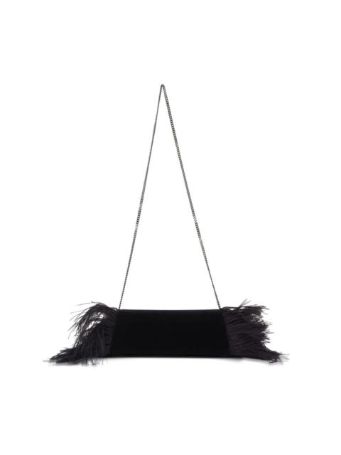 feather-trimmed velvet clutch bag