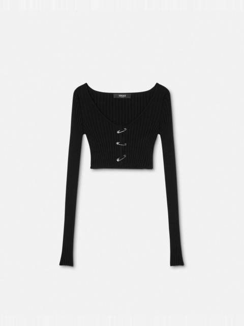 Safety Pin Scoop Crop Ribbed-Knit Cardigan