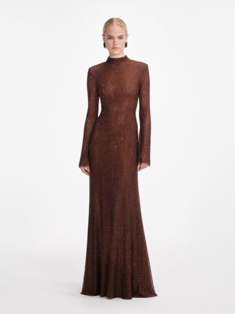 Brown Rhinestone Mesh Maxi Dress