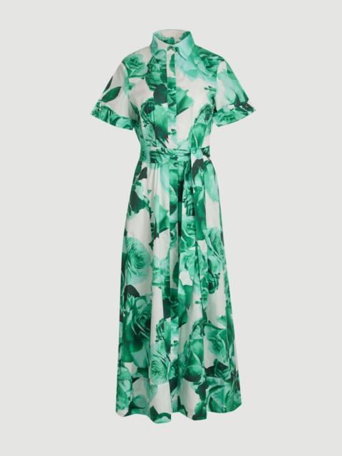 Rose Print Cotton Sateen Floral Woven Belted Maxi Shirt Dress