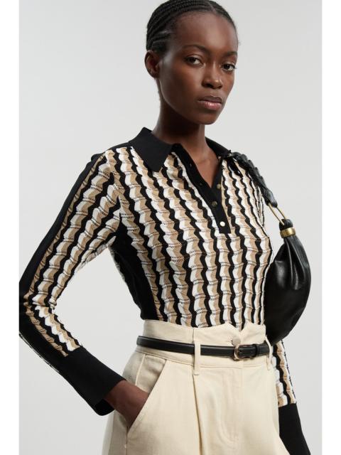 Knit Pointelle Contrast Collared Top