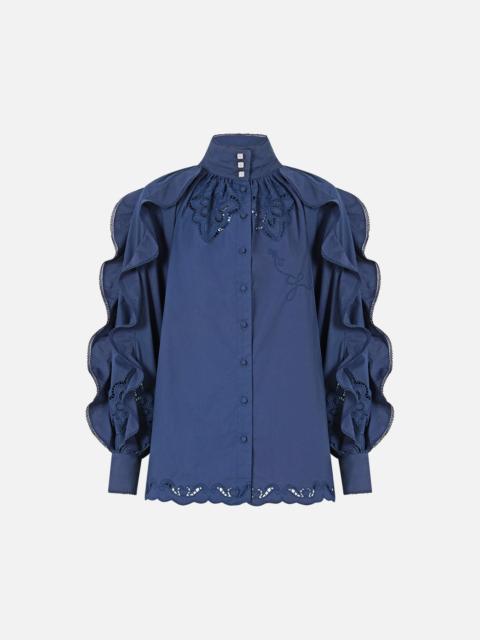 RELAXED BLOUSE WITH FRILL SLEEVE DETAIL - NAVY