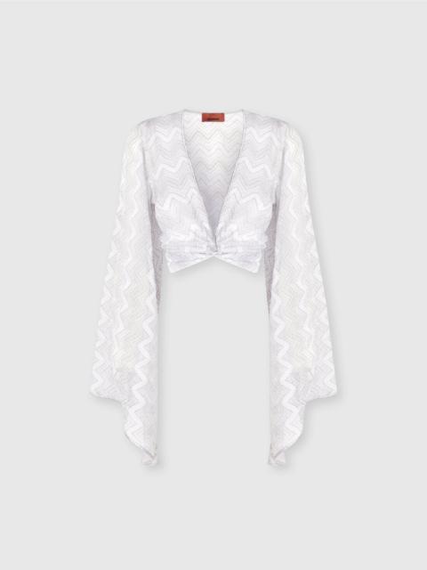 Crop top with wide sleeves and front knot in zig zag lamé viscose