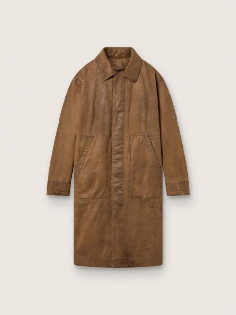 Unisex trench coat in brown waxed twill with leather details