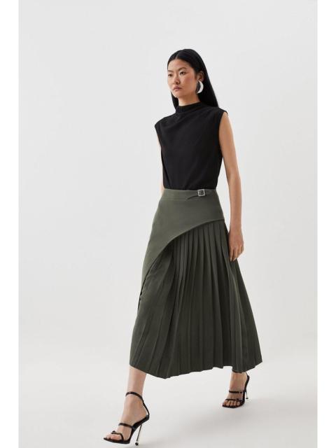 Tailored Buckle Detail Pleated Midi Skirt