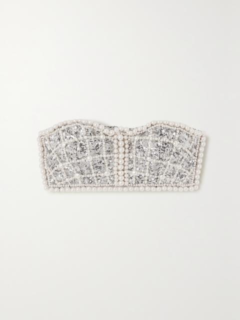 Cropped Faux Pearl-embellished Sequinned Chiffon Bustier Top