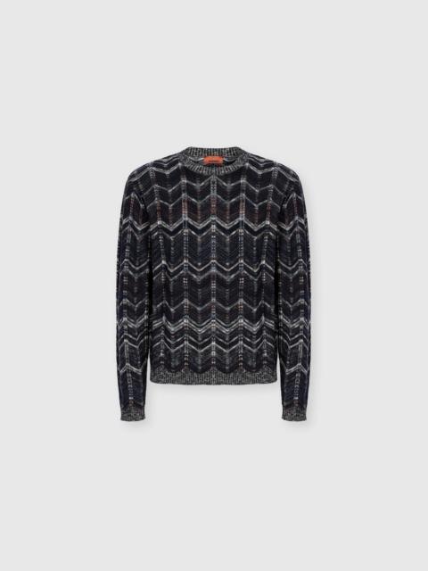 Crew-neck cotton chevron pullover with ribbed trims