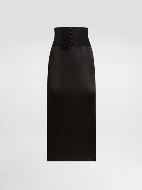 Satin calf-length skirt with corset-style belt detail