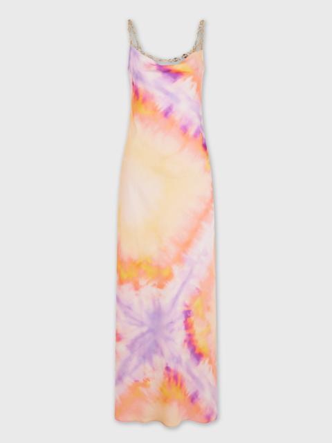ORANGE TIE-DYE LONG DRESS IN PRINTED SATIN