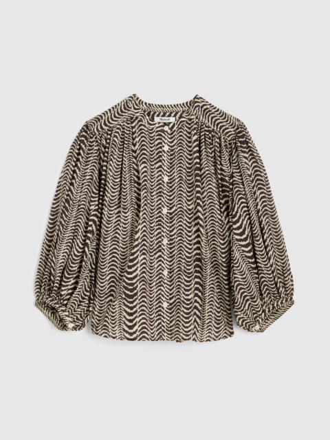 Shirred Crewneck Button-Up Top