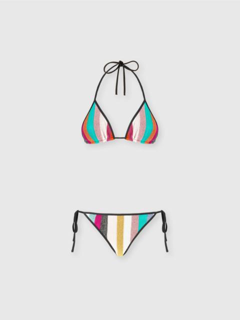 Triangle bikini in lamé striped ribbed knit