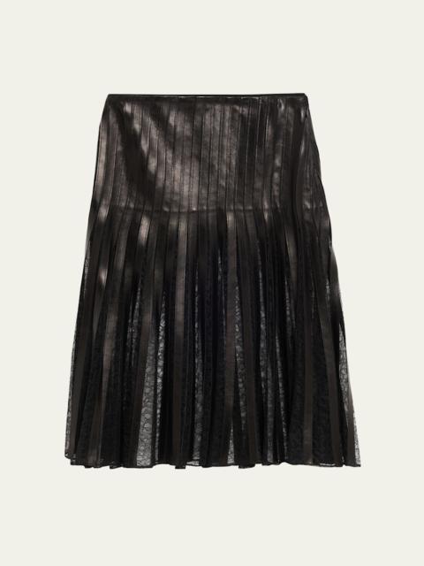 Alix Lace-Inset Pleated Leather Midi Skirt