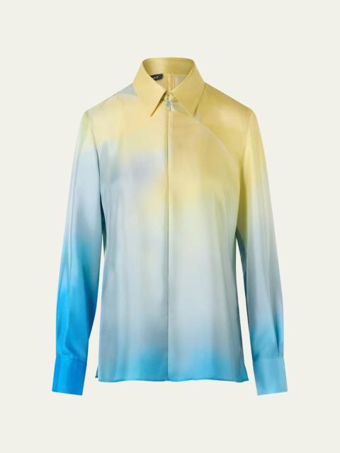 Sunbeam-Print Silk Twill Zip Collared Blouse