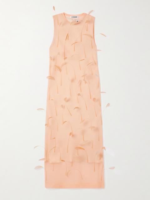 Feather-embellished Layered Knitted-silk Midi Dress