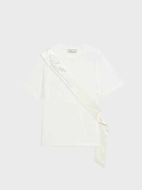 T-SHIRT WITH SATIN BAND AND RHINESTONE EMBROIDERY
