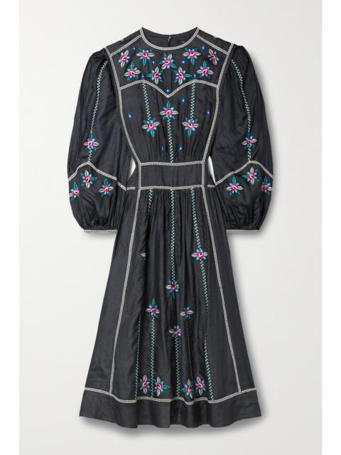 Caroline Embroidered Silk-satin Midi Dress