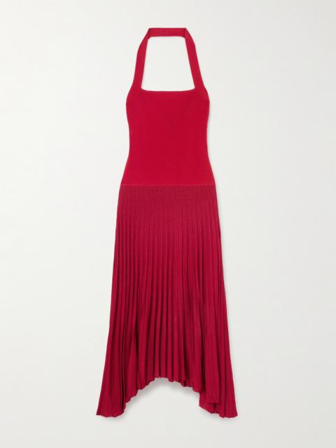 Ribbed Stretch-knit And Plissé Halterneck Maxi Dress