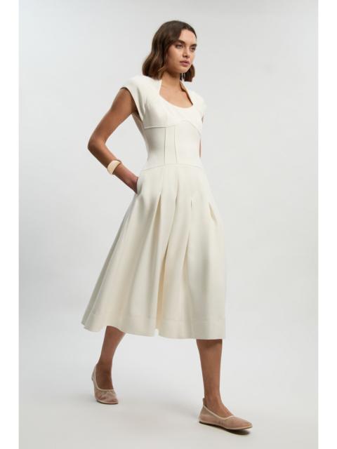 Compact Stretch Dropped Waist Full Skirted Midi Dress